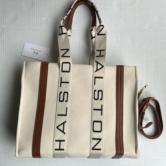 H by Halston Bags Halston Beige Canvas Tote Bag With Crossbody Strap Poshmark